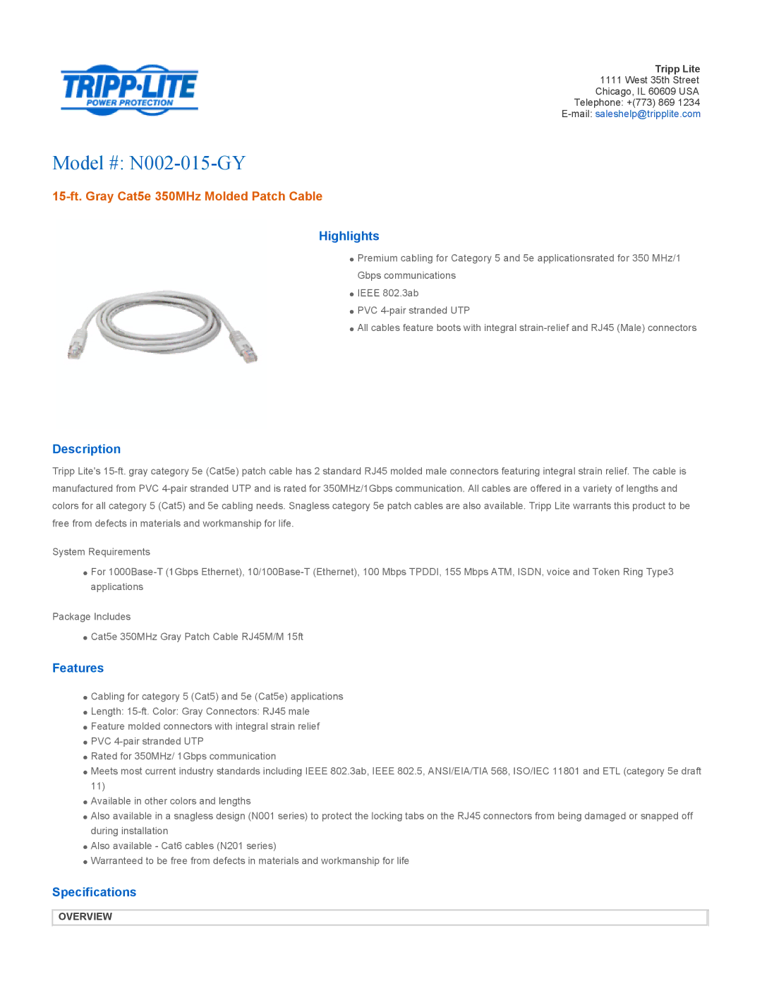 Tripp Lite specifications Model # N002-015-GY, 15-ft. Gray Cat5e 350MHz Molded Patch Cable 