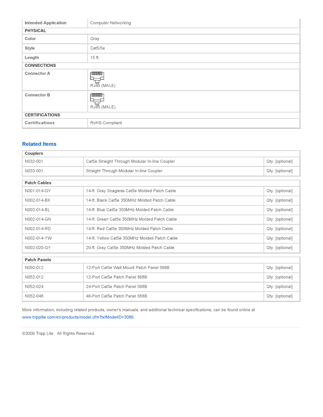 Tripp Lite N002-015-GY specifications Related Items, Couplers, Patch Cables, Patch Panels 