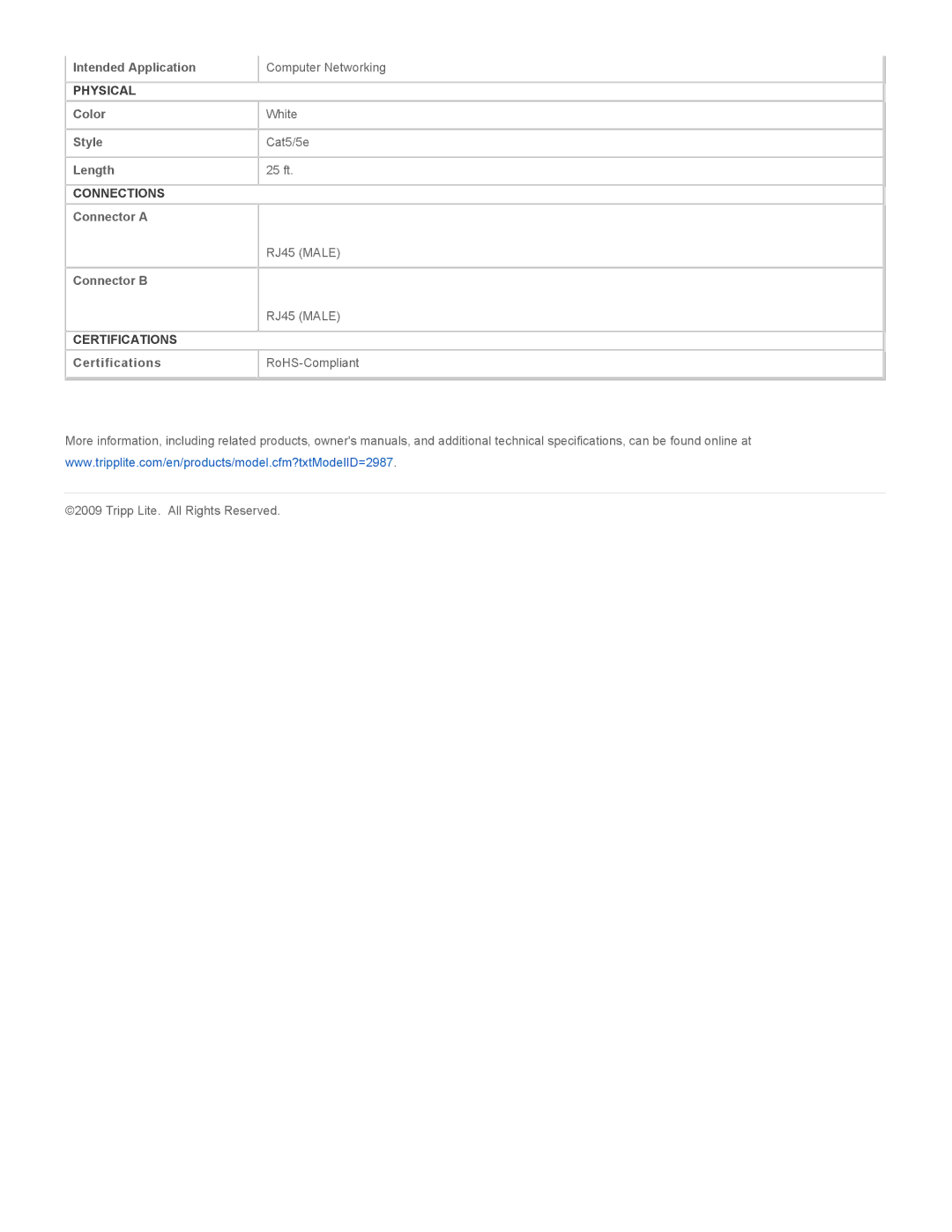 Tripp Lite N002-025-WH specifications RJ45 Male 