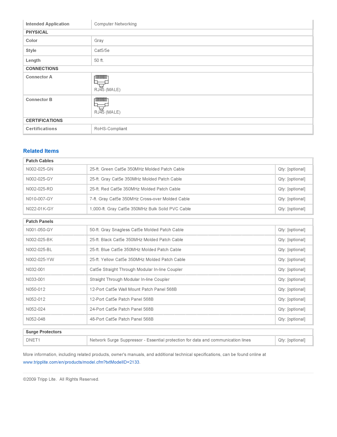 Tripp Lite N002-050-GY specifications Related Items, Patch Cables, Patch Panels, Surge Protectors 