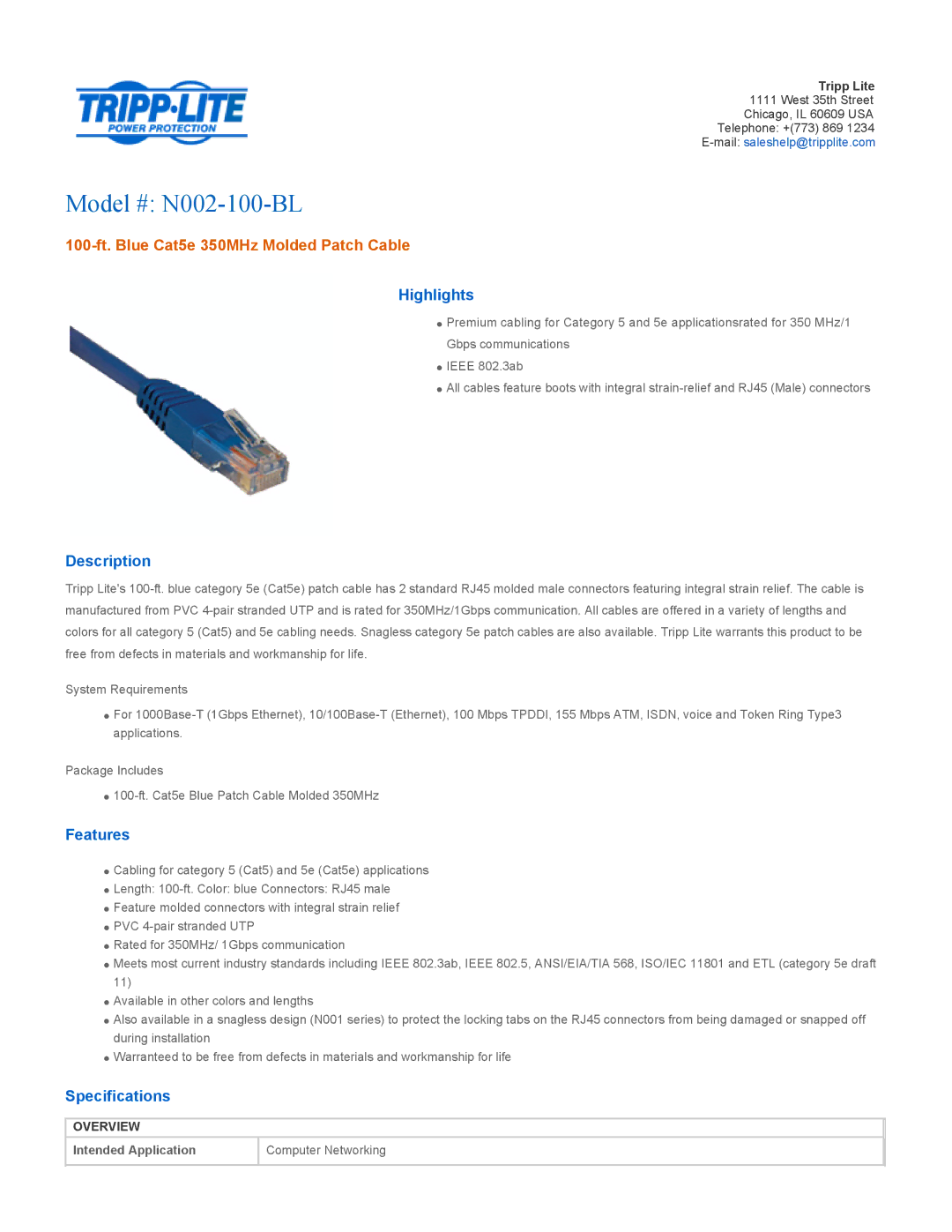 Tripp Lite specifications Model # N002-100-BL, 100-ft. Blue Cat5e 350MHz Molded Patch Cable 