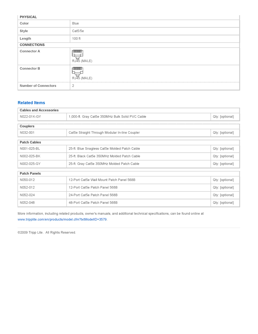 Tripp Lite N002-100-BL specifications Related Items, Cables and Accessories, Couplers, Patch Cables, Patch Panels 