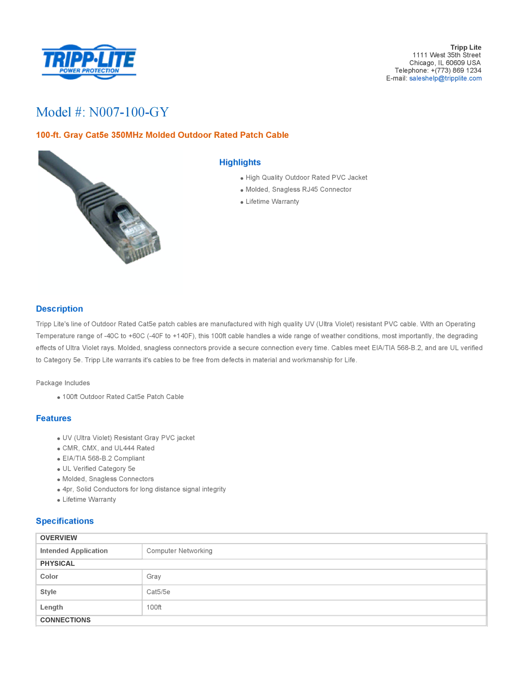 Tripp Lite specifications Model # N007-100-GY, 100-ft. Gray Cat5e 350MHz Molded Outdoor Rated Patch Cable 