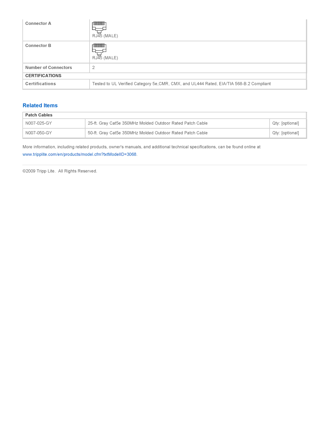 Tripp Lite N007-100-GY specifications Related Items, Certifications, Patch Cables 