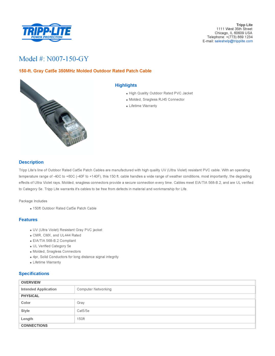 Tripp Lite specifications Model # N007-150-GY, 150-ft. Gray Cat5e 350MHz Molded Outdoor Rated Patch Cable 