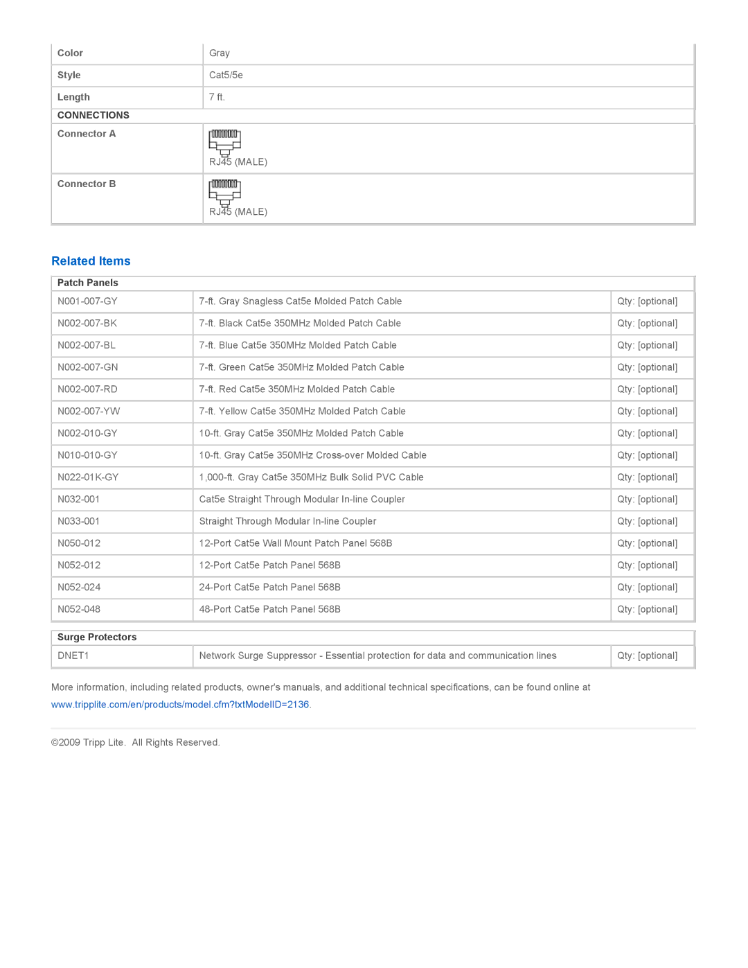 Tripp Lite N010-007-GY specifications Related Items, Patch Panels, Surge Protectors 