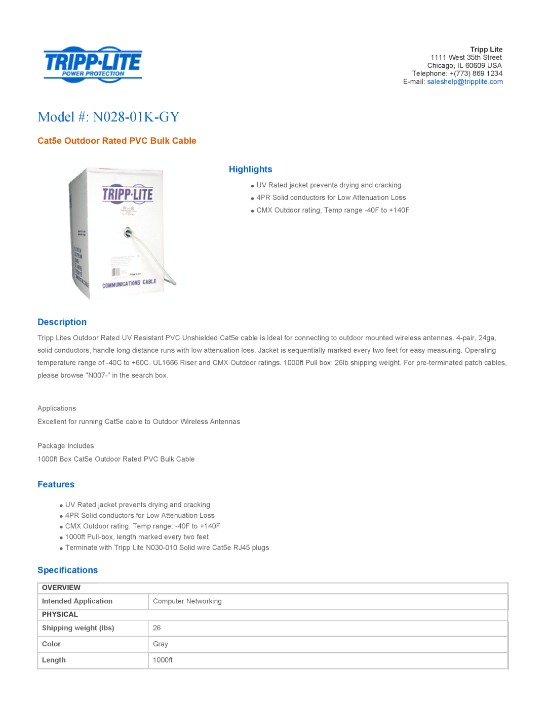 Tripp Lite specifications Model # N028-01K-GY, Cat5e Outdoor Rated PVC Bulk Cable 