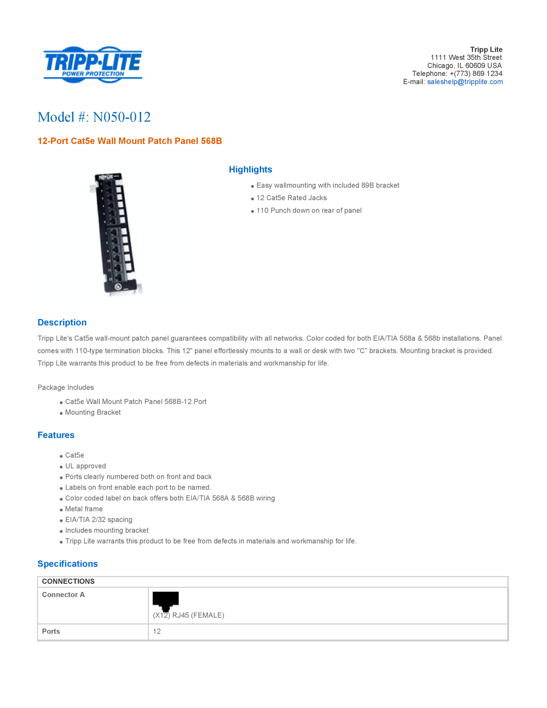 Tripp Lite specifications Highlights, Description, Features, Specifications, Connections, Model # N050-012, Connector A 