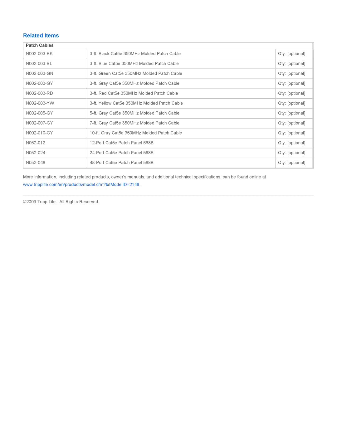 Tripp Lite N050-012 specifications Related Items, Patch Cables 