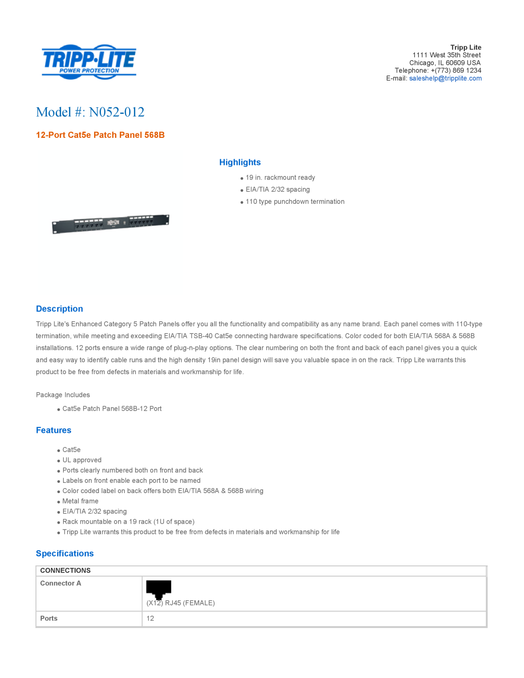 Tripp Lite specifications Highlights, Description, Features, Specifications, Connections, Model # N052-012, Connector A 