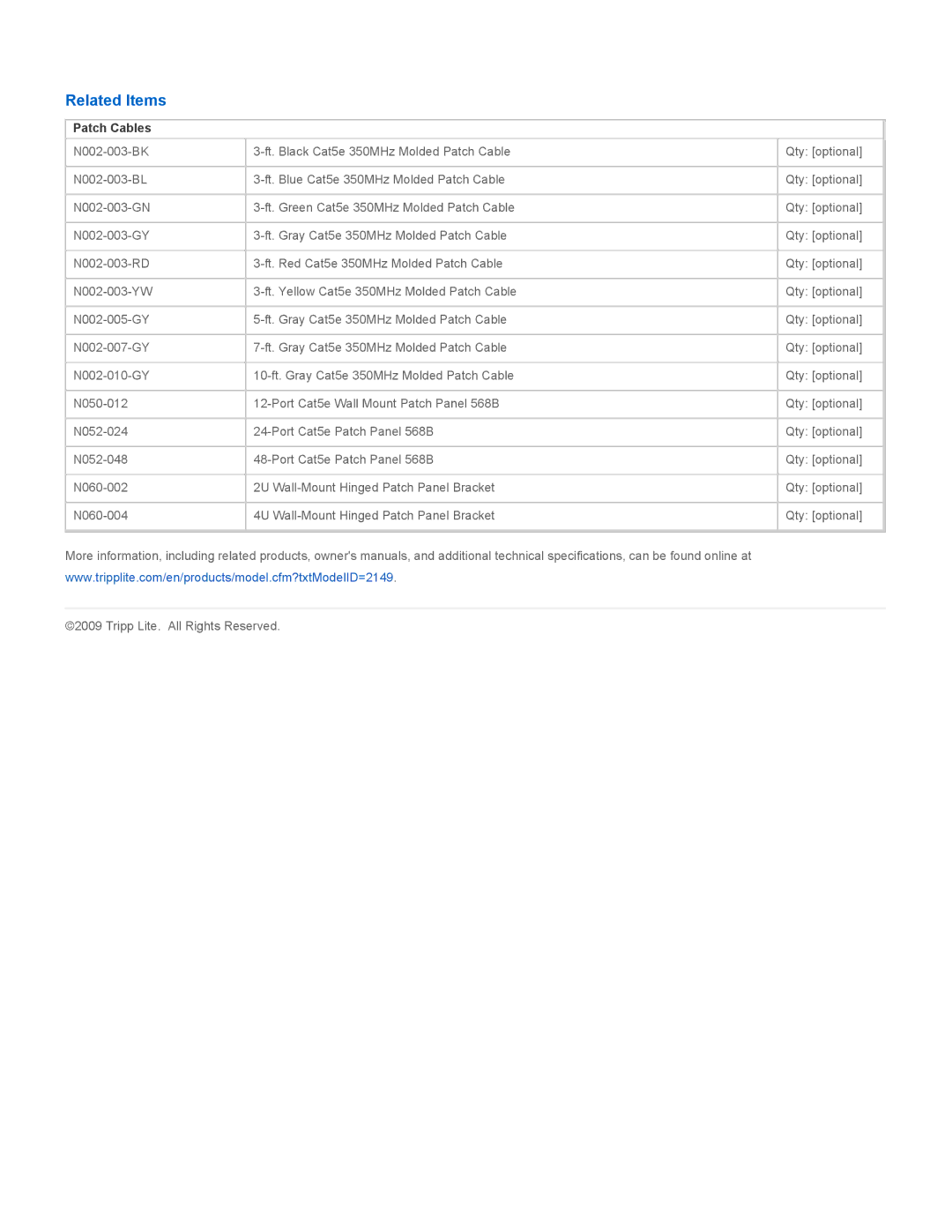 Tripp Lite N052-012 specifications Related Items, Patch Cables 