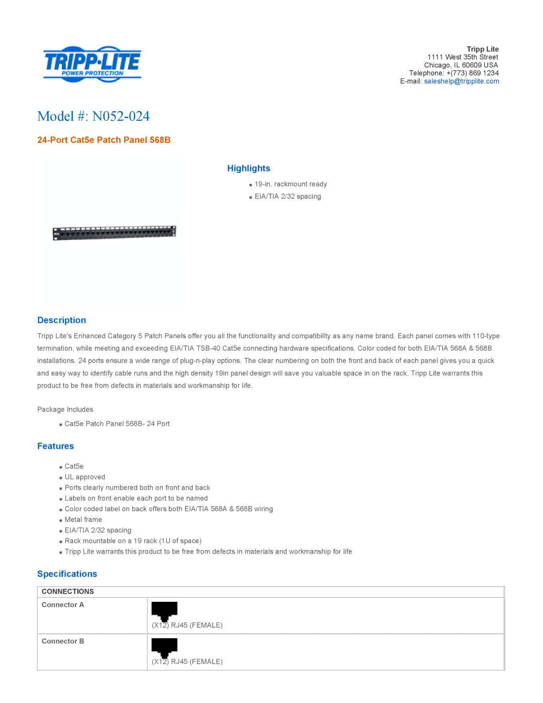 Tripp Lite specifications Model # N052-024, Port Cat5e Patch Panel 568B 