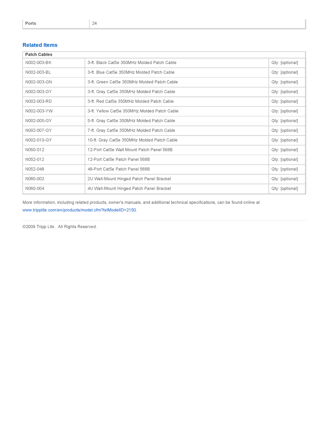 Tripp Lite N052-024 specifications Related Items, Patch Cables 