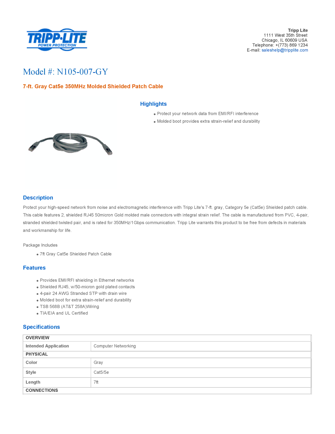 Tripp Lite specifications Model # N105-007-GY, Ft. Gray Cat5e 350MHz Molded Shielded Patch Cable 