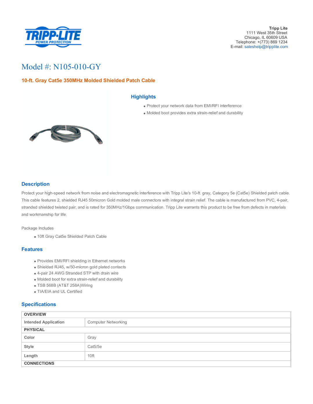 Tripp Lite specifications Model # N105-010-GY, 10-ft. Gray Cat5e 350MHz Molded Shielded Patch Cable 