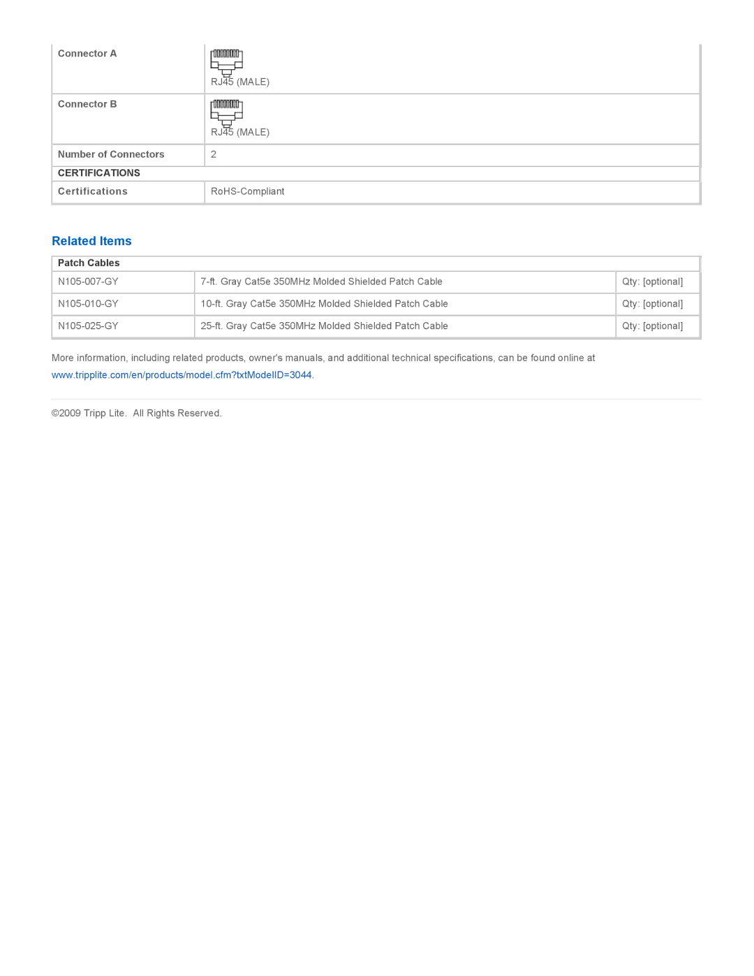 Tripp Lite N105-050-GY specifications Related Items, Patch Cables 