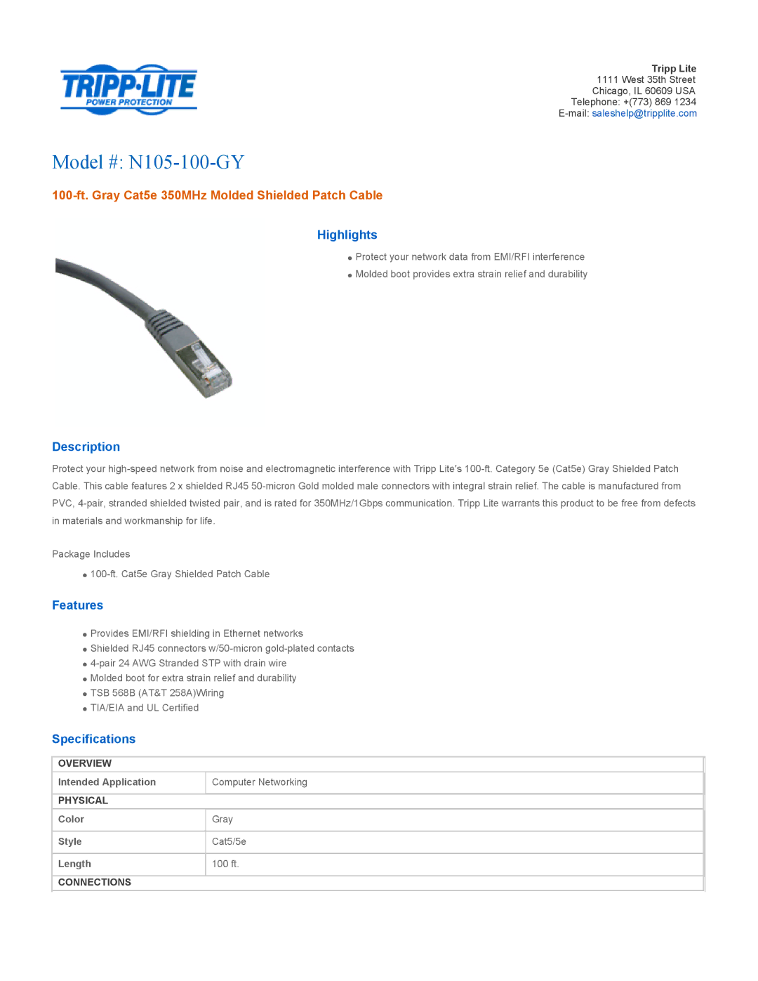 Tripp Lite specifications Model # N105-100-GY, 100-ft. Gray Cat5e 350MHz Molded Shielded Patch Cable 