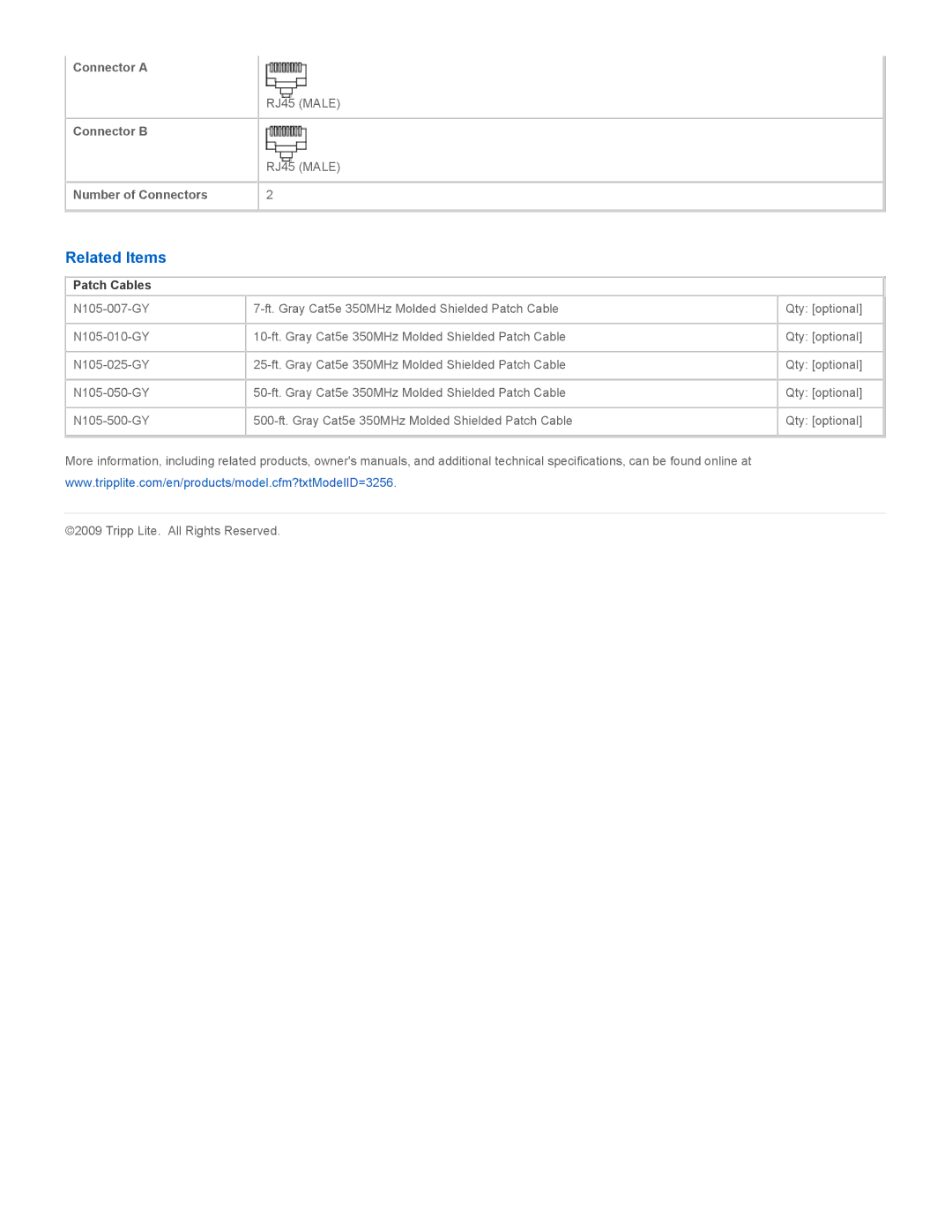 Tripp Lite N105-100-GY specifications Related Items, Patch Cables 