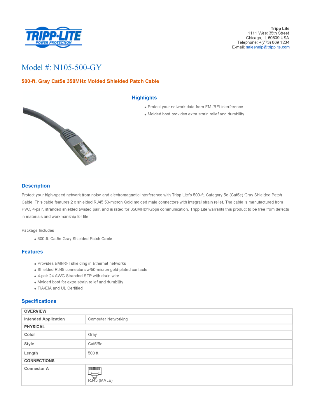 Tripp Lite specifications Model # N105-500-GY, 500-ft. Gray Cat5e 350MHz Molded Shielded Patch Cable 