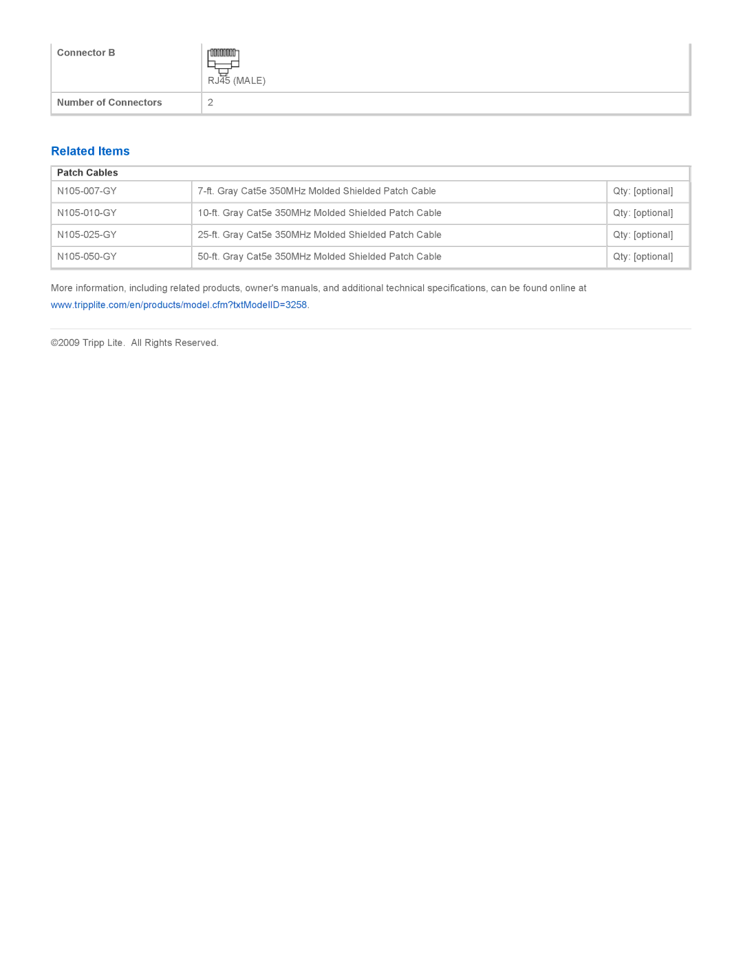 Tripp Lite N105-500-GY specifications Related Items, Patch Cables 