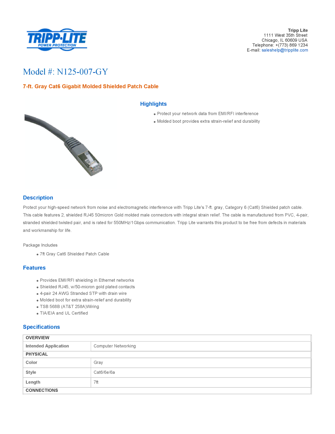 Tripp Lite specifications Model # N125-007-GY, Ft. Gray Cat6 Gigabit Molded Shielded Patch Cable 