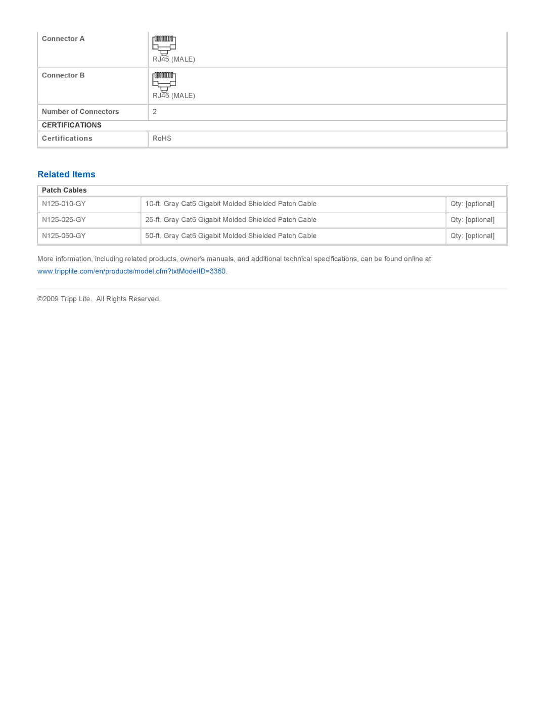 Tripp Lite N125-007-GY specifications Related Items, Patch Cables 