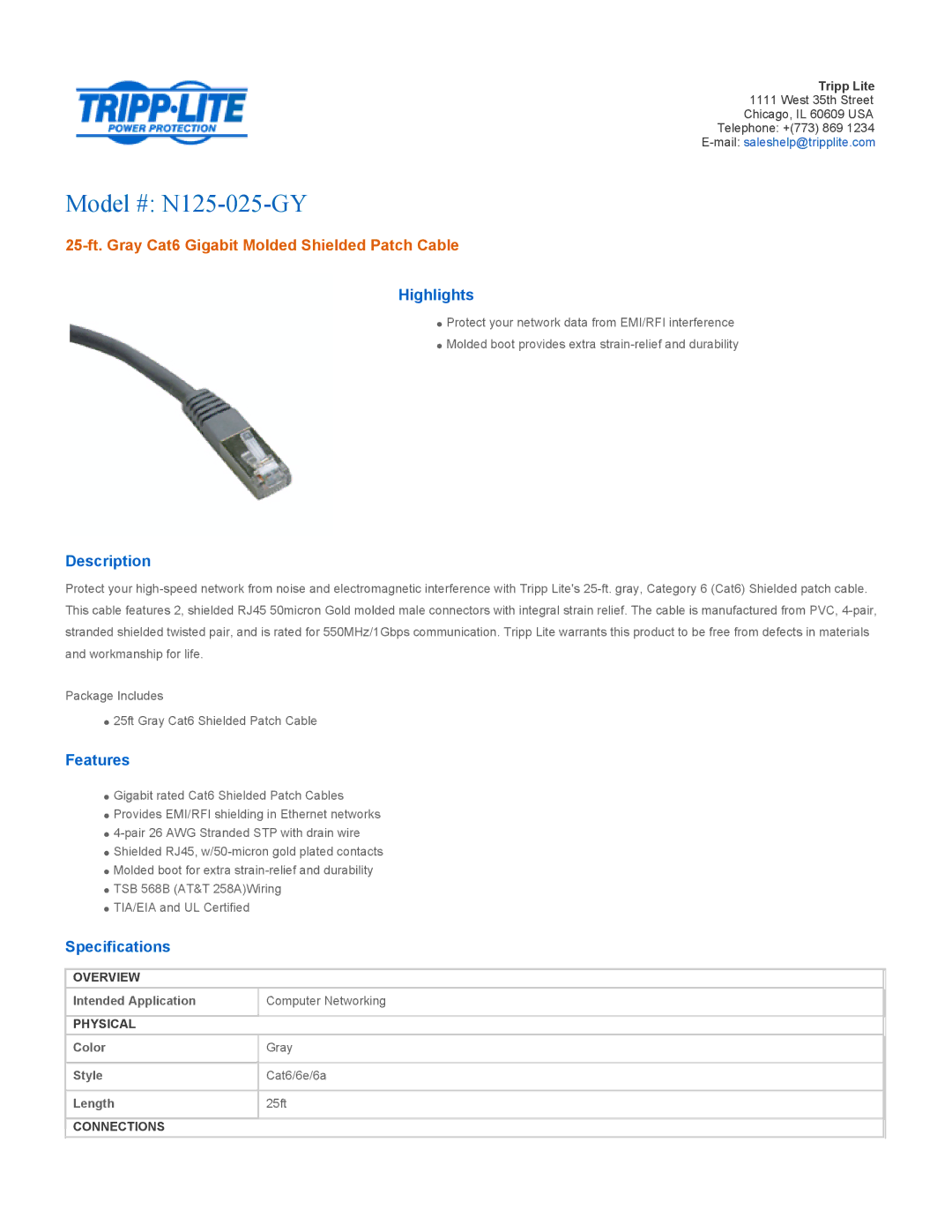 Tripp Lite specifications Model # N125-025-GY, 25-ft. Gray Cat6 Gigabit Molded Shielded Patch Cable 