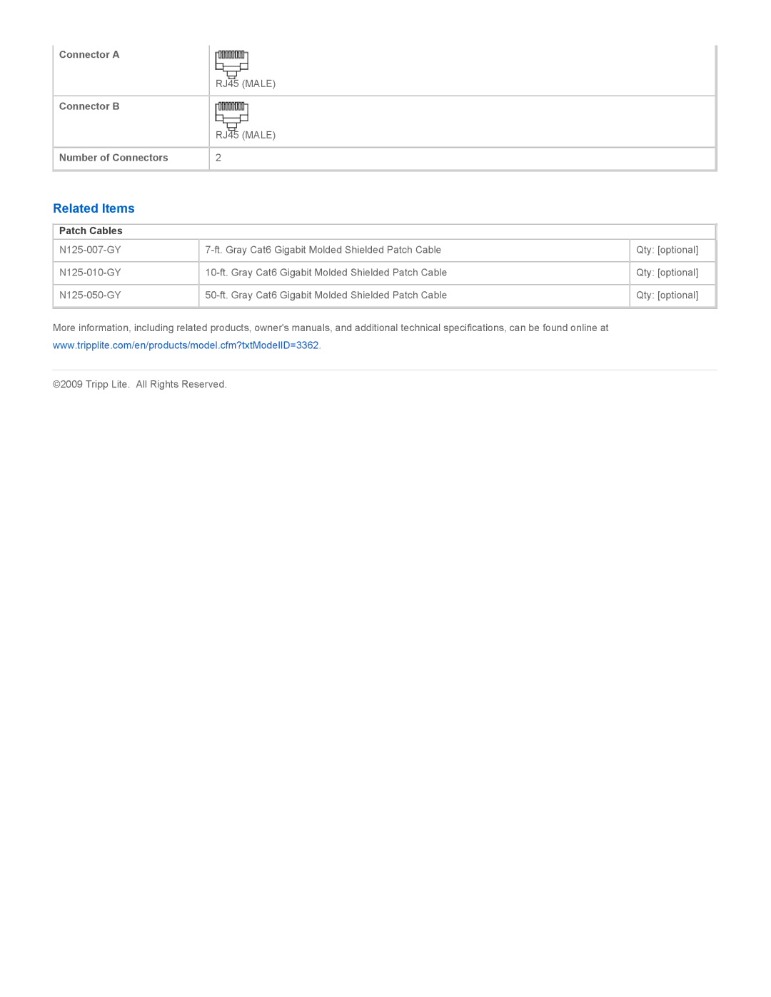 Tripp Lite N125-025-GY specifications Related Items, Patch Cables 