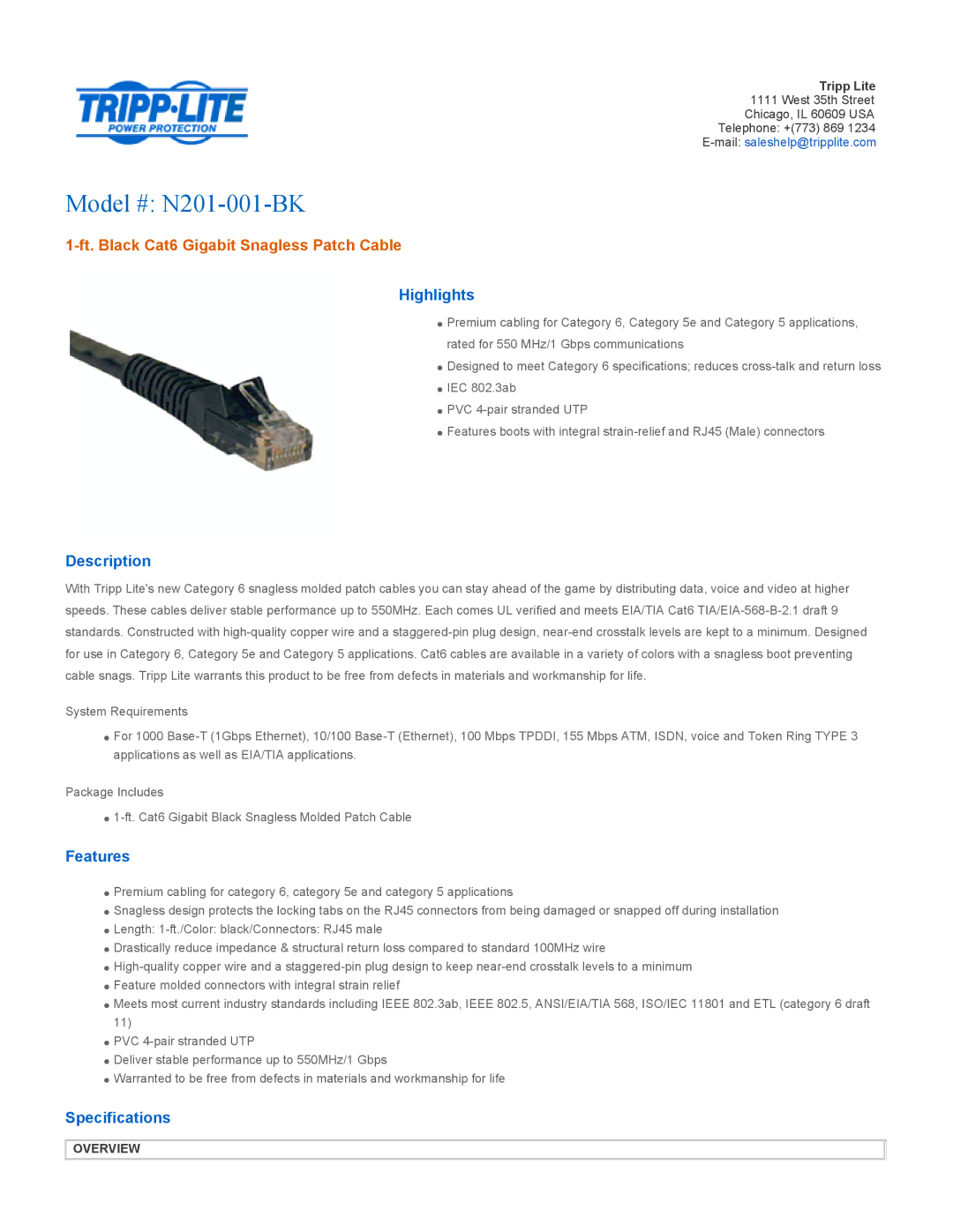 Tripp Lite specifications Model # N201-001-BK, Ft. Black Cat6 Gigabit Snagless Patch Cable 