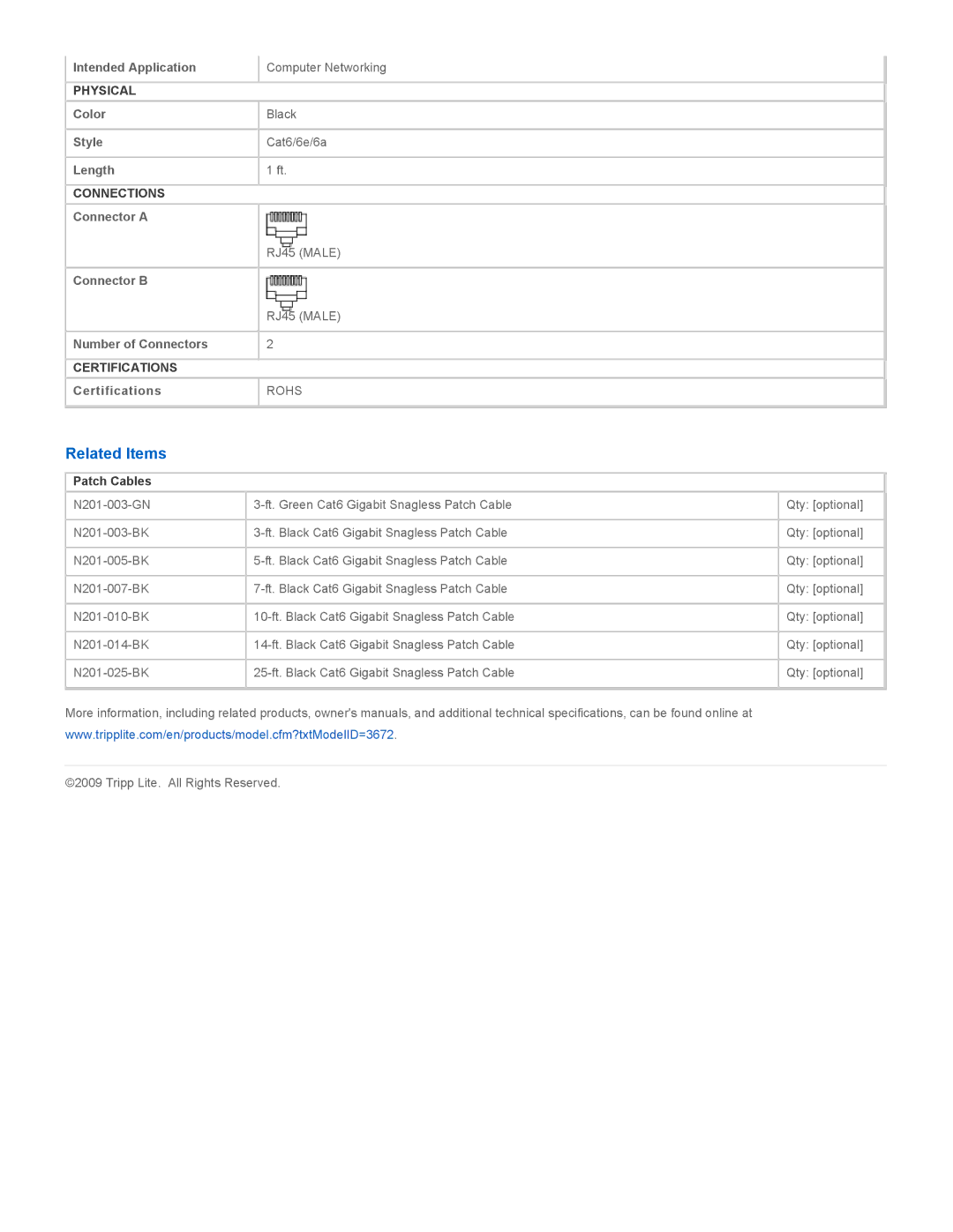 Tripp Lite N201-001-BK specifications Related Items, Patch Cables 