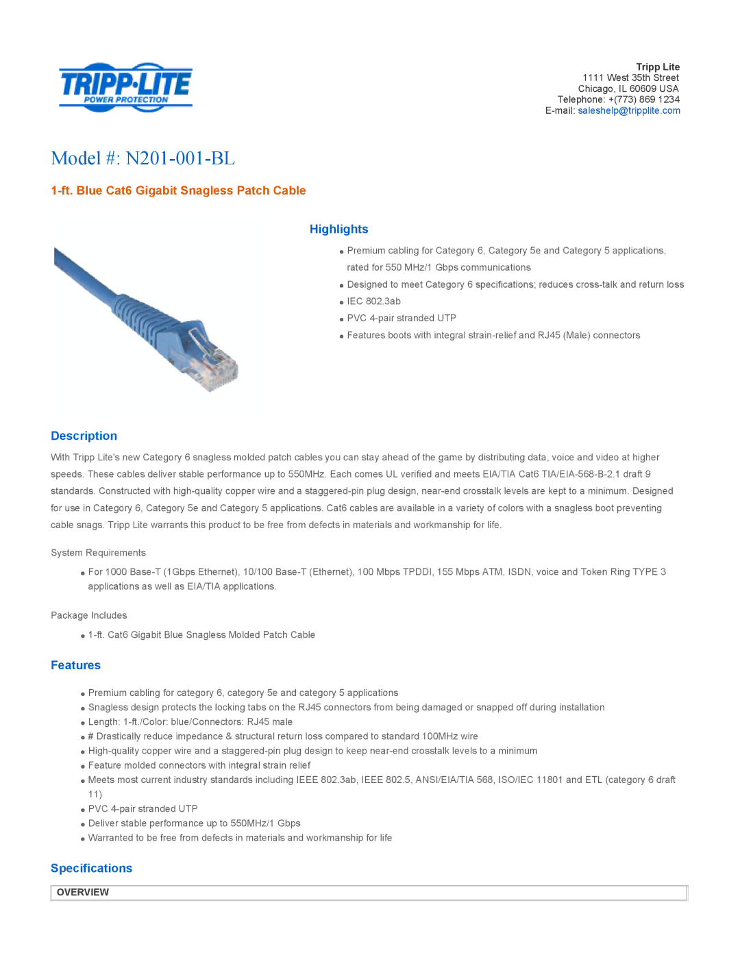 Tripp Lite specifications Model # N201-001-BL, Ft. Blue Cat6 Gigabit Snagless Patch Cable 