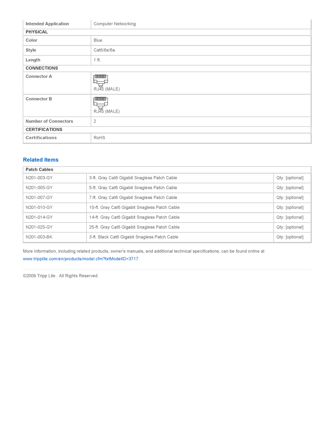 Tripp Lite N201-001-BL specifications Related Items, Patch Cables 