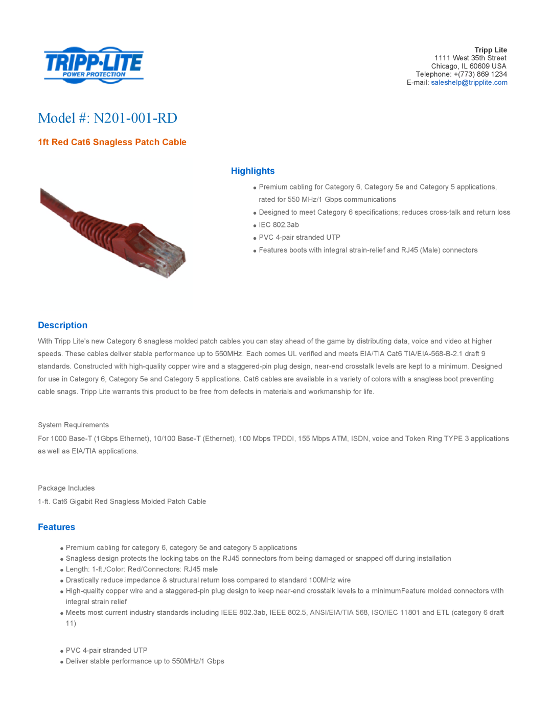 Tripp Lite specifications Highlights, Description, Features, Model # N201-001-RD, 1ft Red Cat6 Snagless Patch Cable 