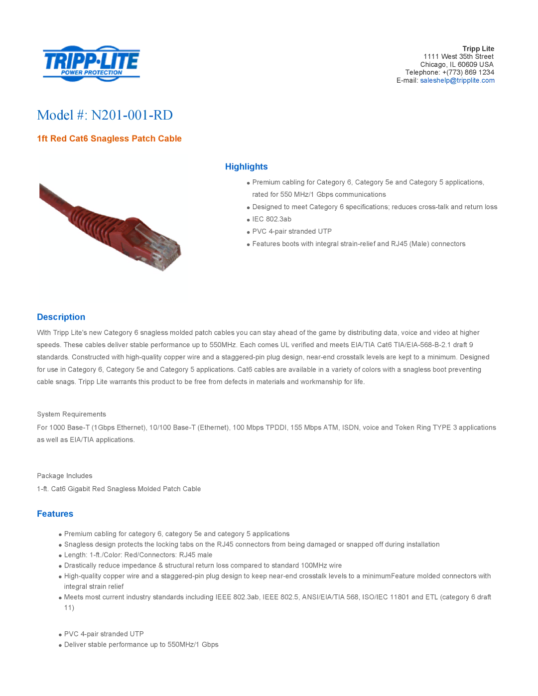 Tripp Lite specifications Model # N201-001-RD, 1ft Red Cat6 Snagless Patch Cable, Highlights, Description, Features 