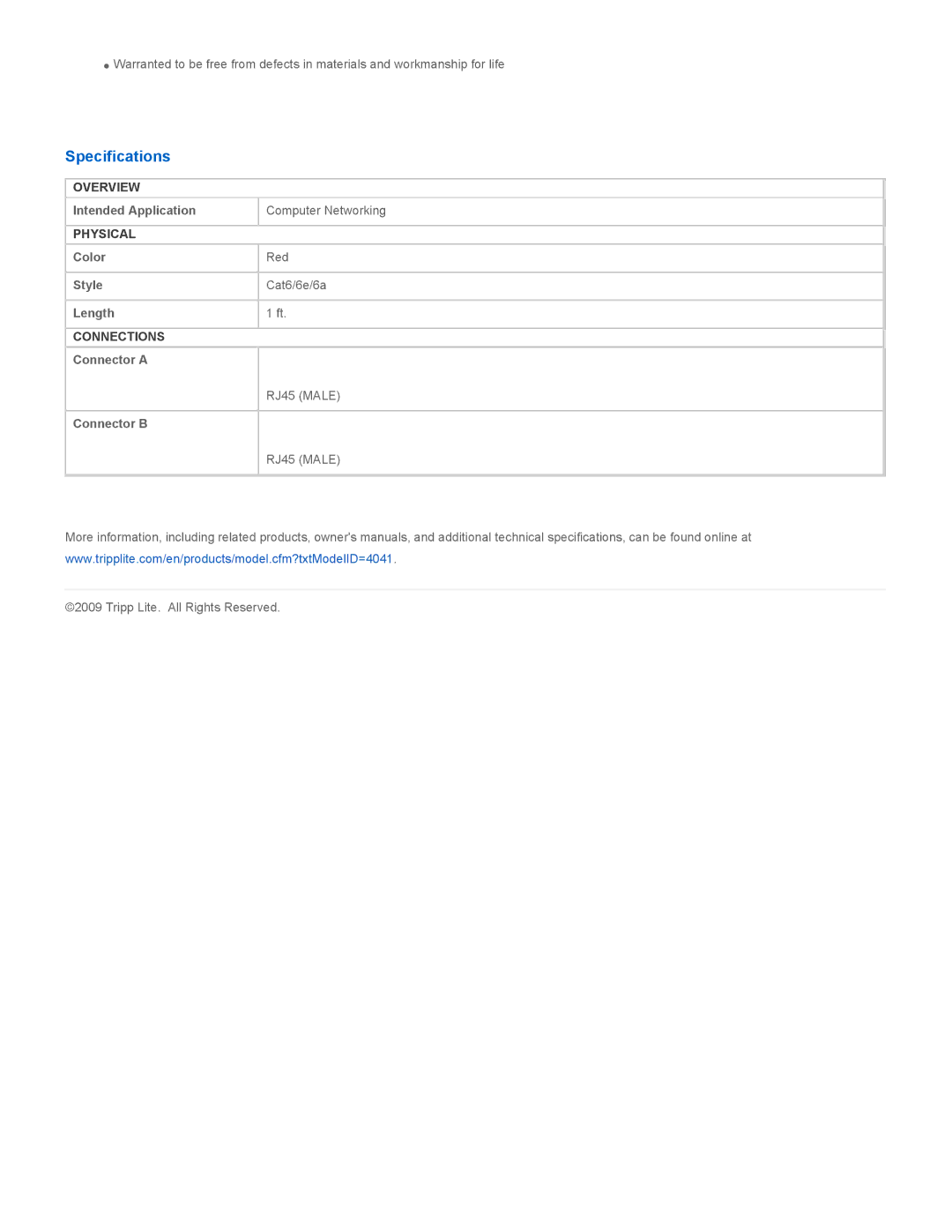 Tripp Lite N201-001-RD specifications Specifications 