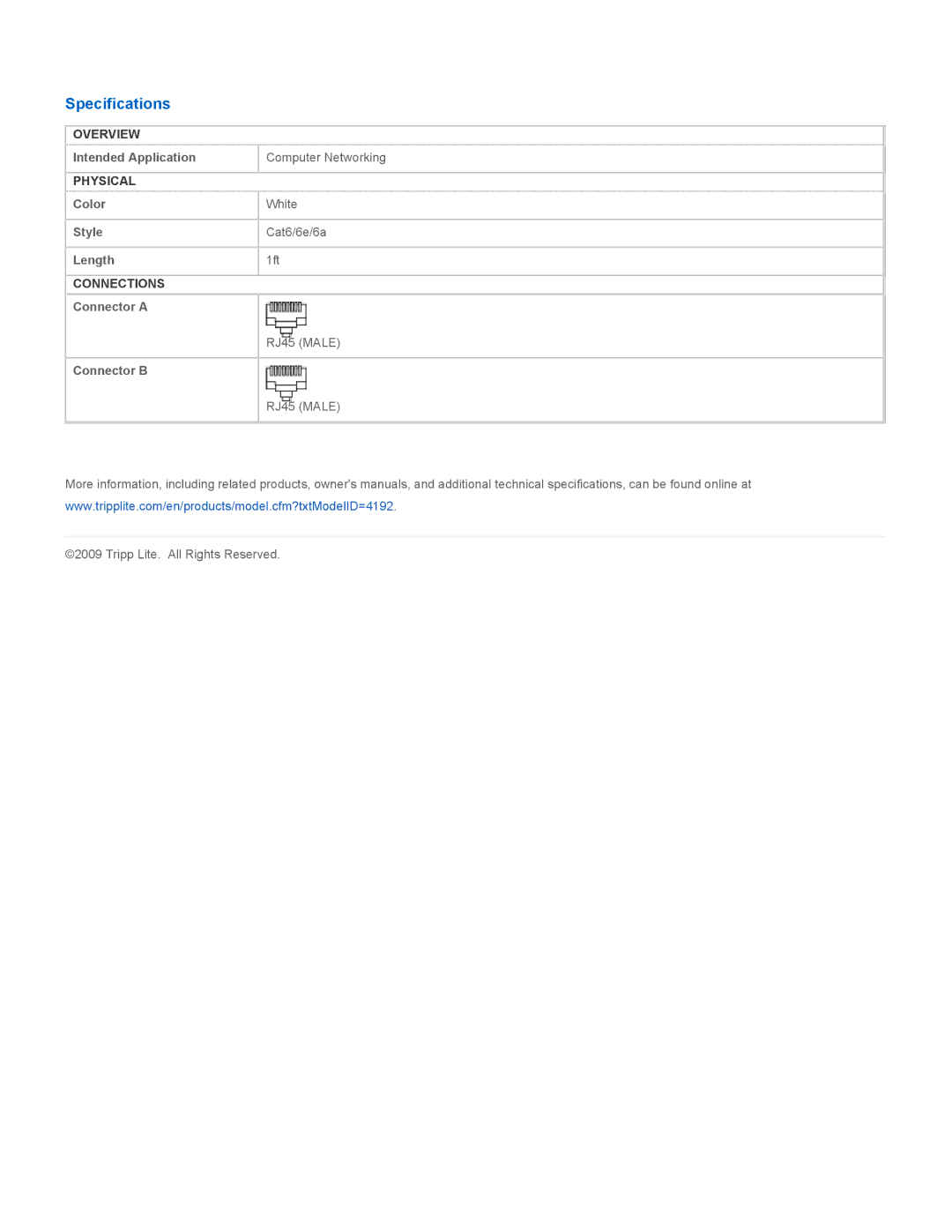 Tripp Lite N201-001-WH specifications Specifications 