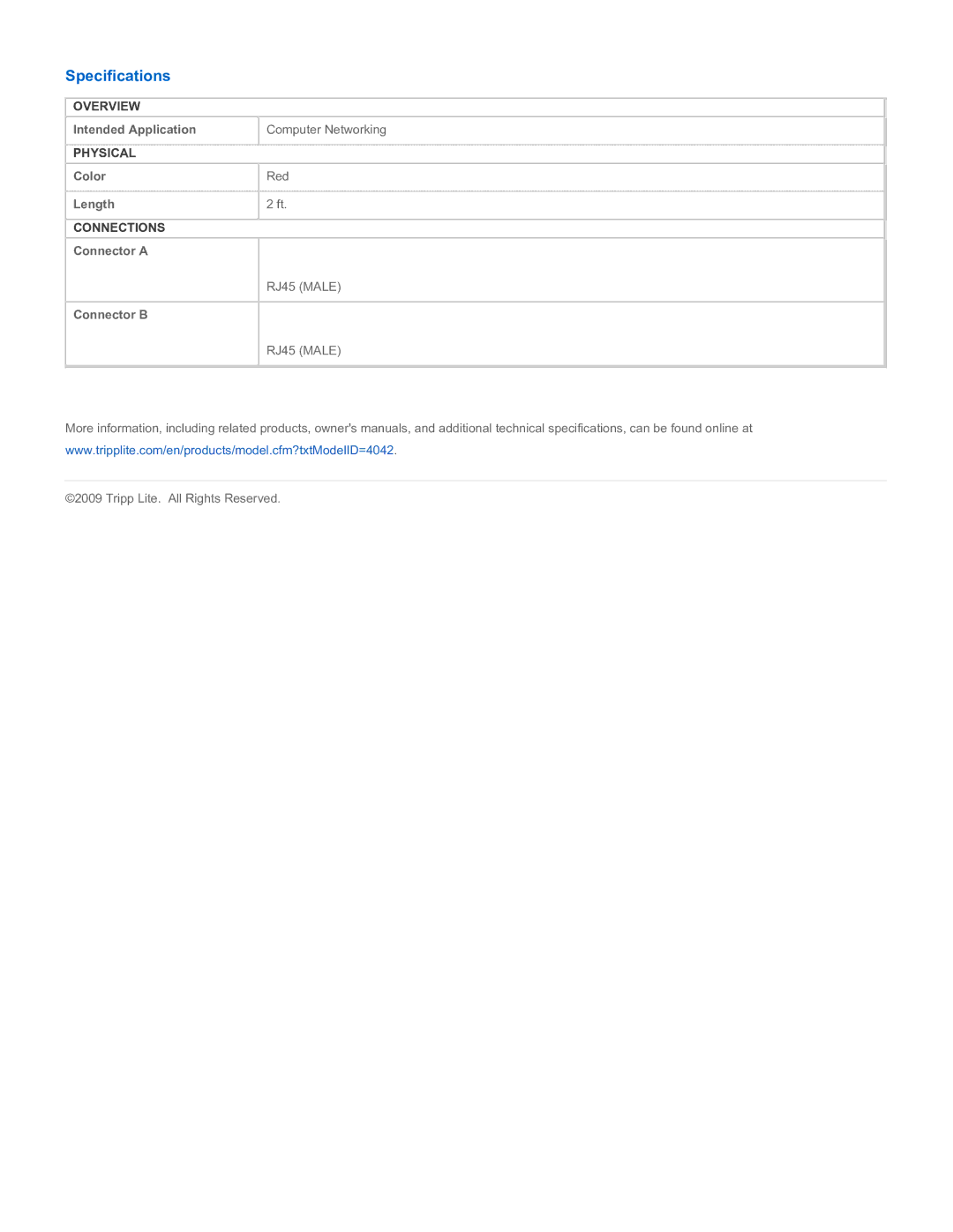 Tripp Lite N201-002-RD specifications Specifications 