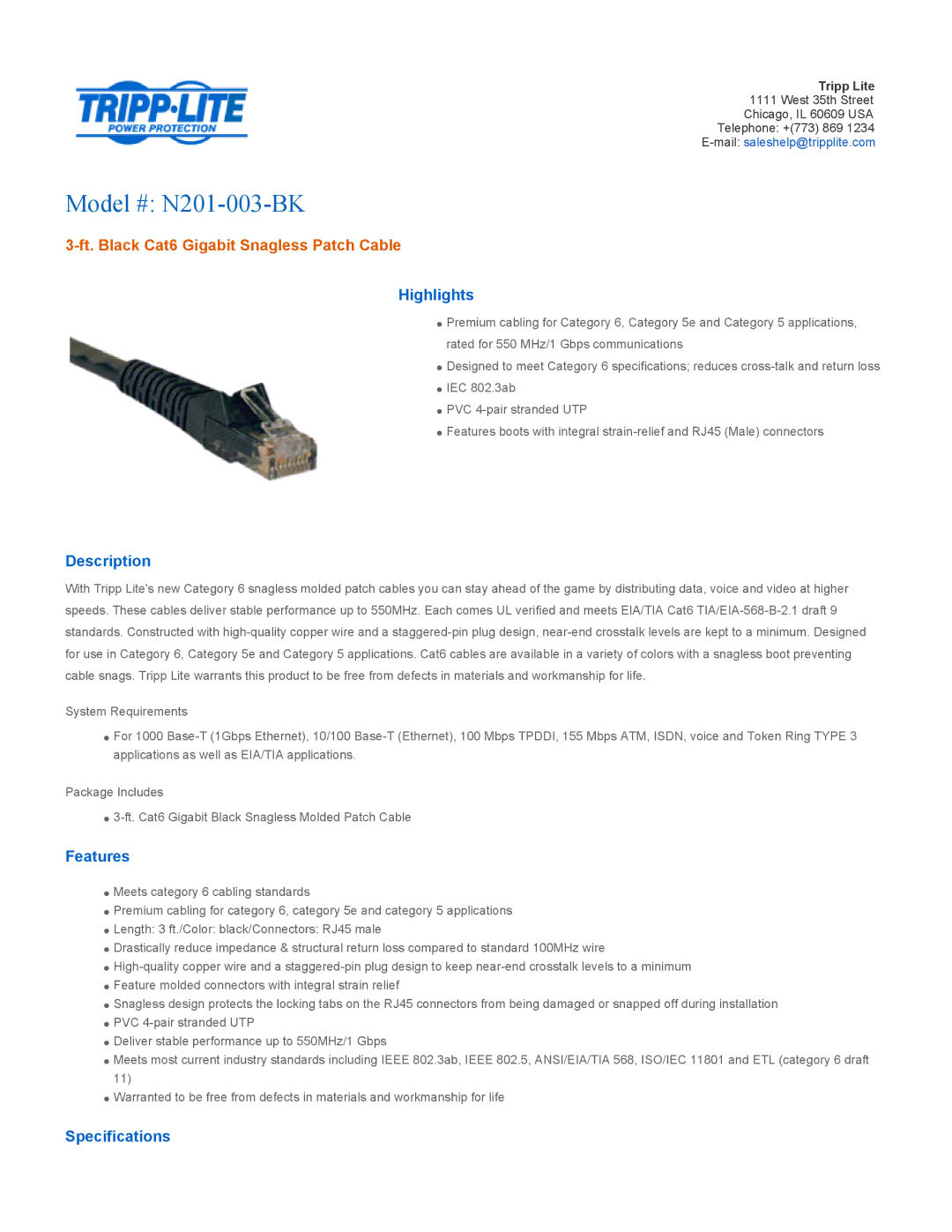 Tripp Lite specifications Model # N201-003-BK, Ft. Black Cat6 Gigabit Snagless Patch Cable 