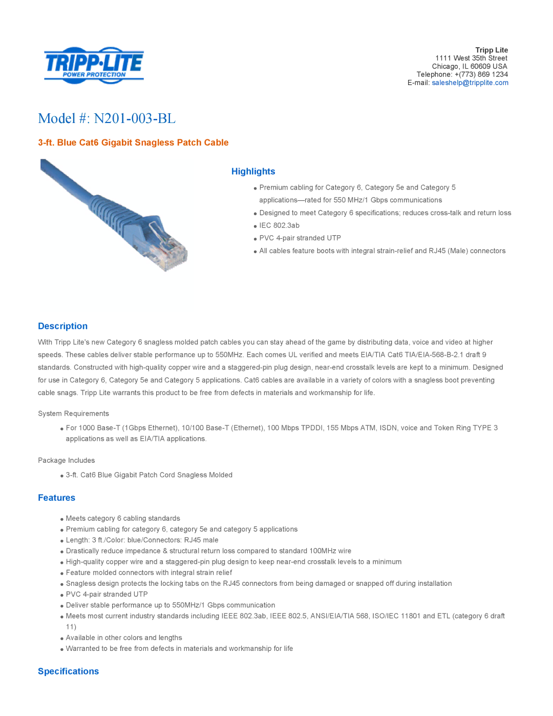 Tripp Lite specifications Model # N201-003-BL, Ft. Blue Cat6 Gigabit Snagless Patch Cable 