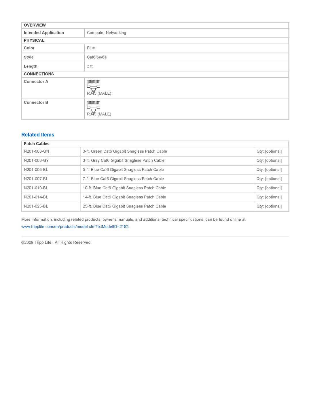 Tripp Lite N201-003-BL specifications Related Items, Patch Cables 