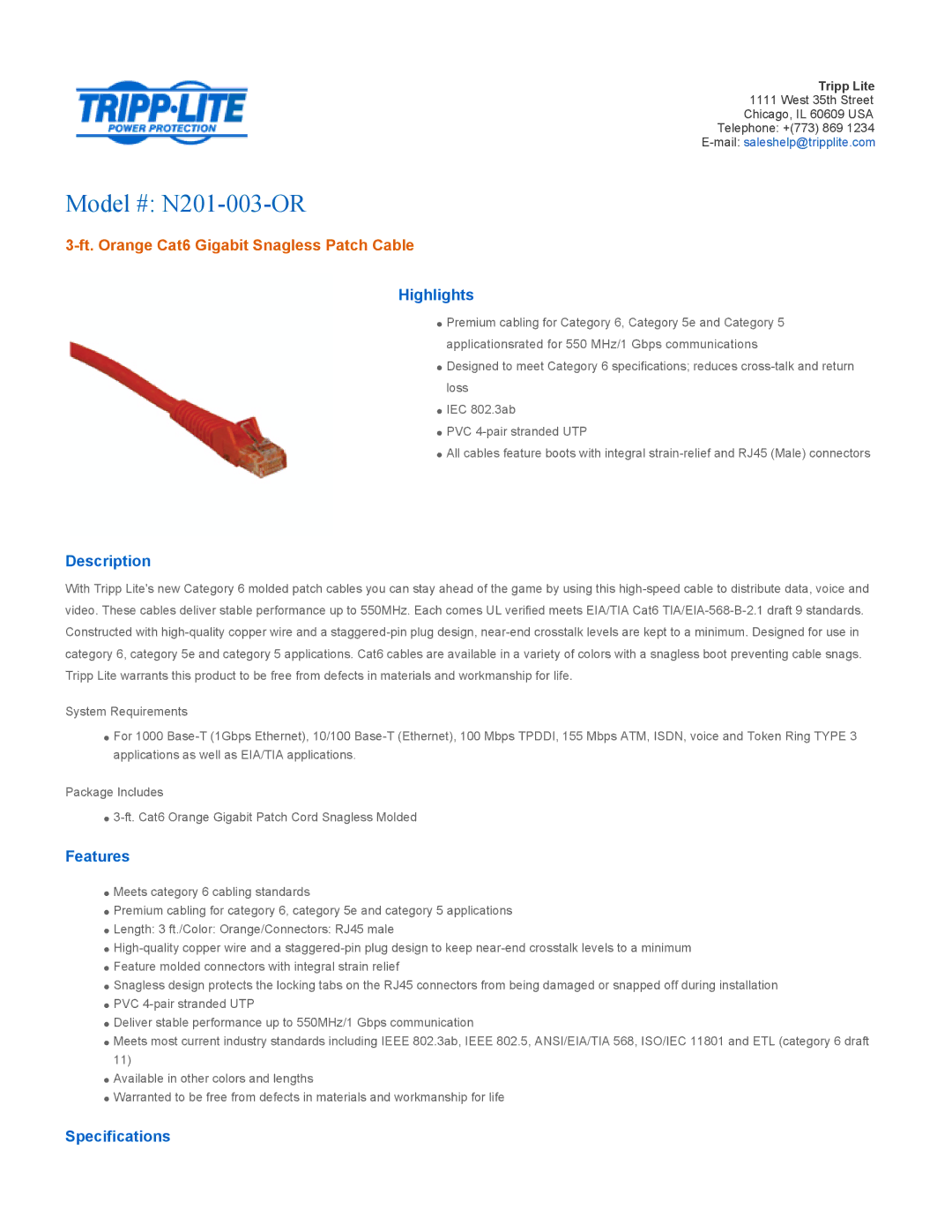 Tripp Lite specifications Model # N201-003-OR, Ft. Orange Cat6 Gigabit Snagless Patch Cable 