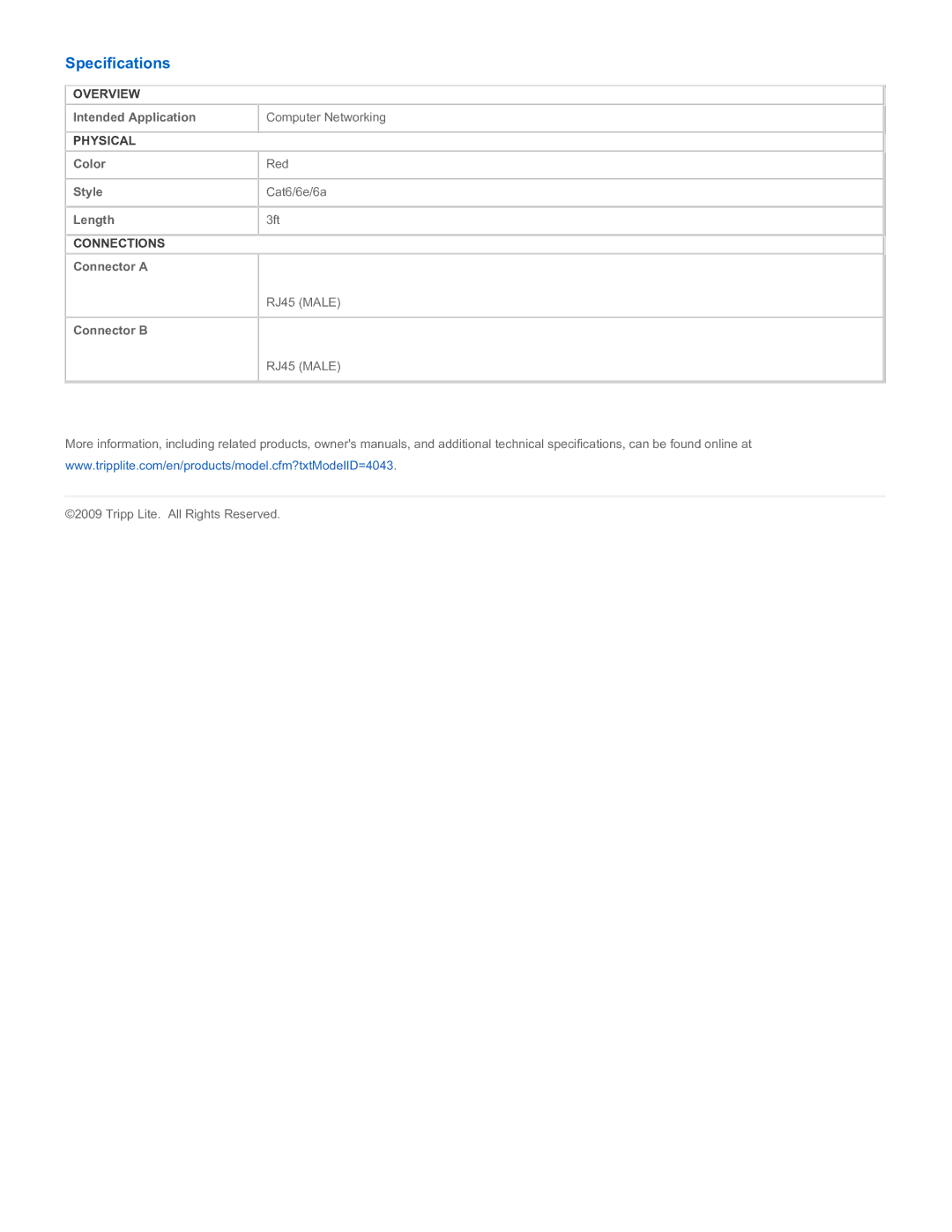 Tripp Lite N201-003-RD specifications Specifications 