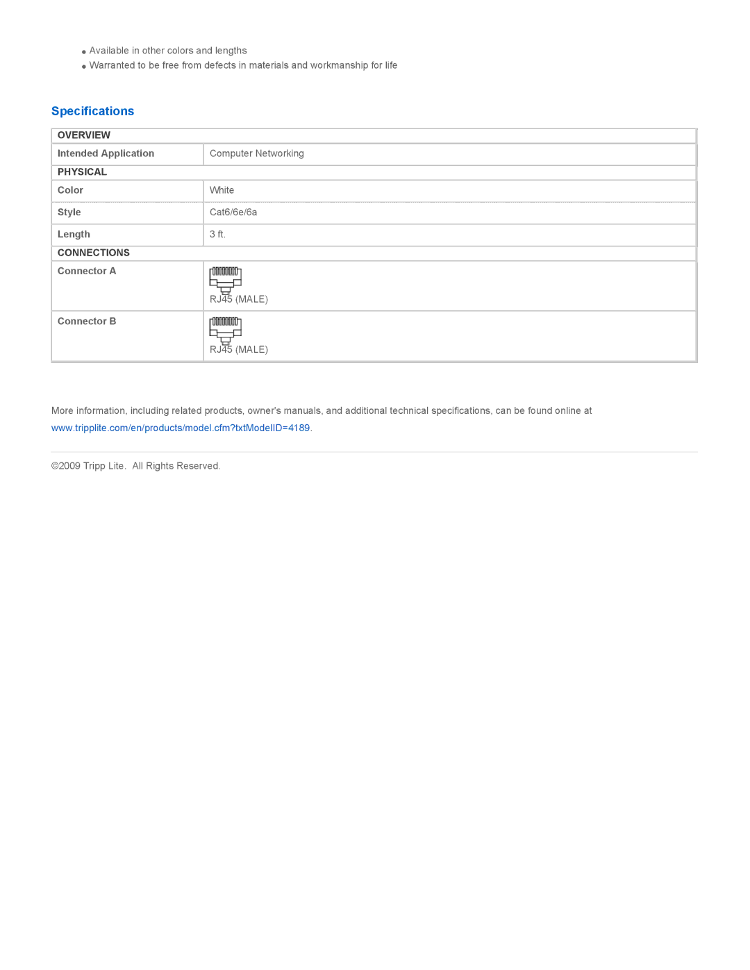 Tripp Lite N201-003-WH specifications Specifications 