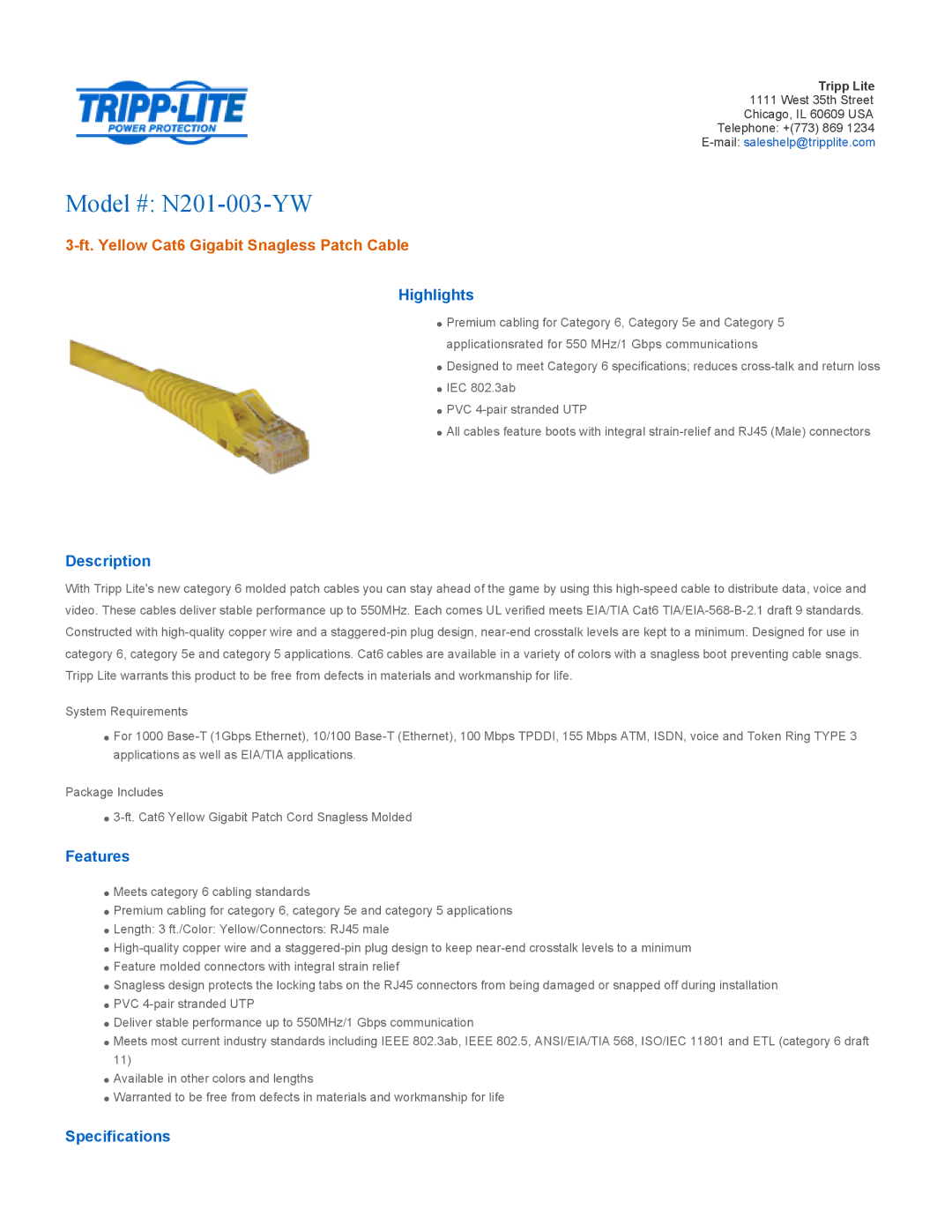 Tripp Lite specifications Model # N201-003-YW, Ft. Yellow Cat6 Gigabit Snagless Patch Cable 