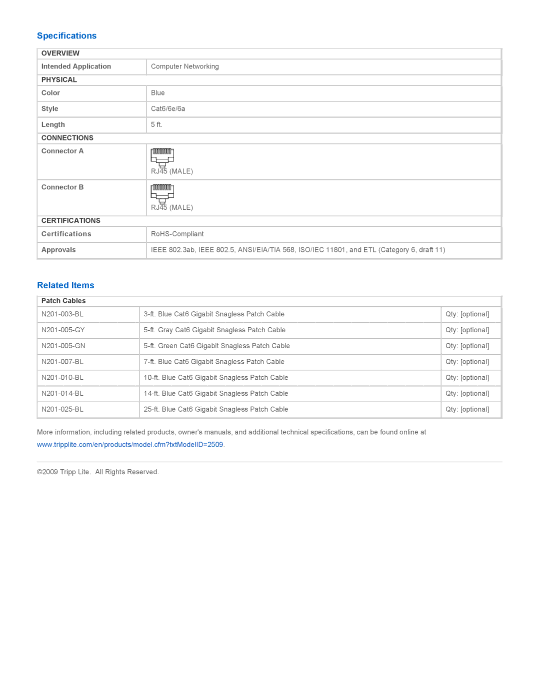 Tripp Lite N201-005-BL specifications Specifications, Related Items 