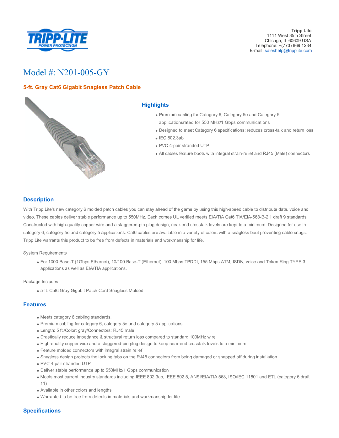 Tripp Lite specifications Model # N201-005-GY, Ft. Gray Cat6 Gigabit Snagless Patch Cable 