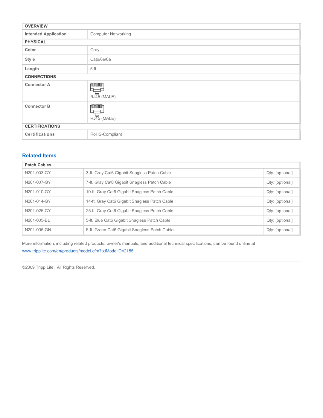Tripp Lite N201-005-GY specifications Related Items, Patch Cables 