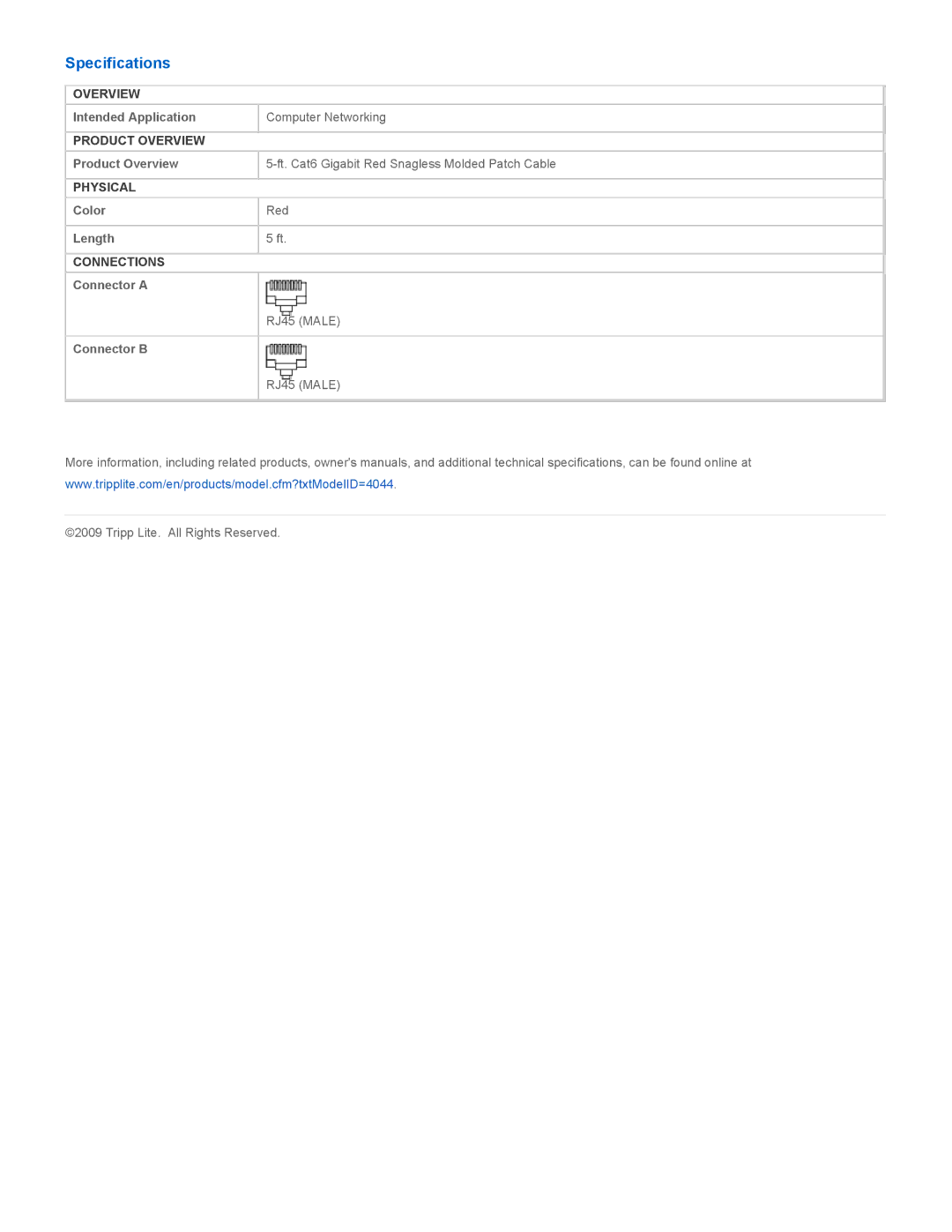 Tripp Lite N201-005-RD specifications Specifications 