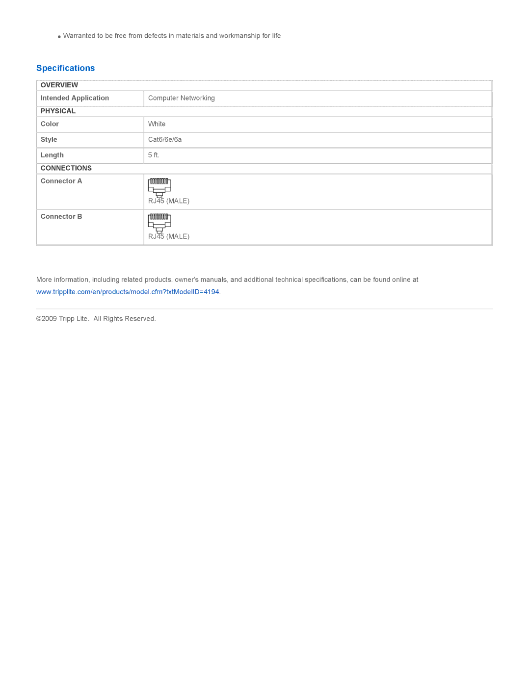 Tripp Lite N201-005-WH specifications Specifications 