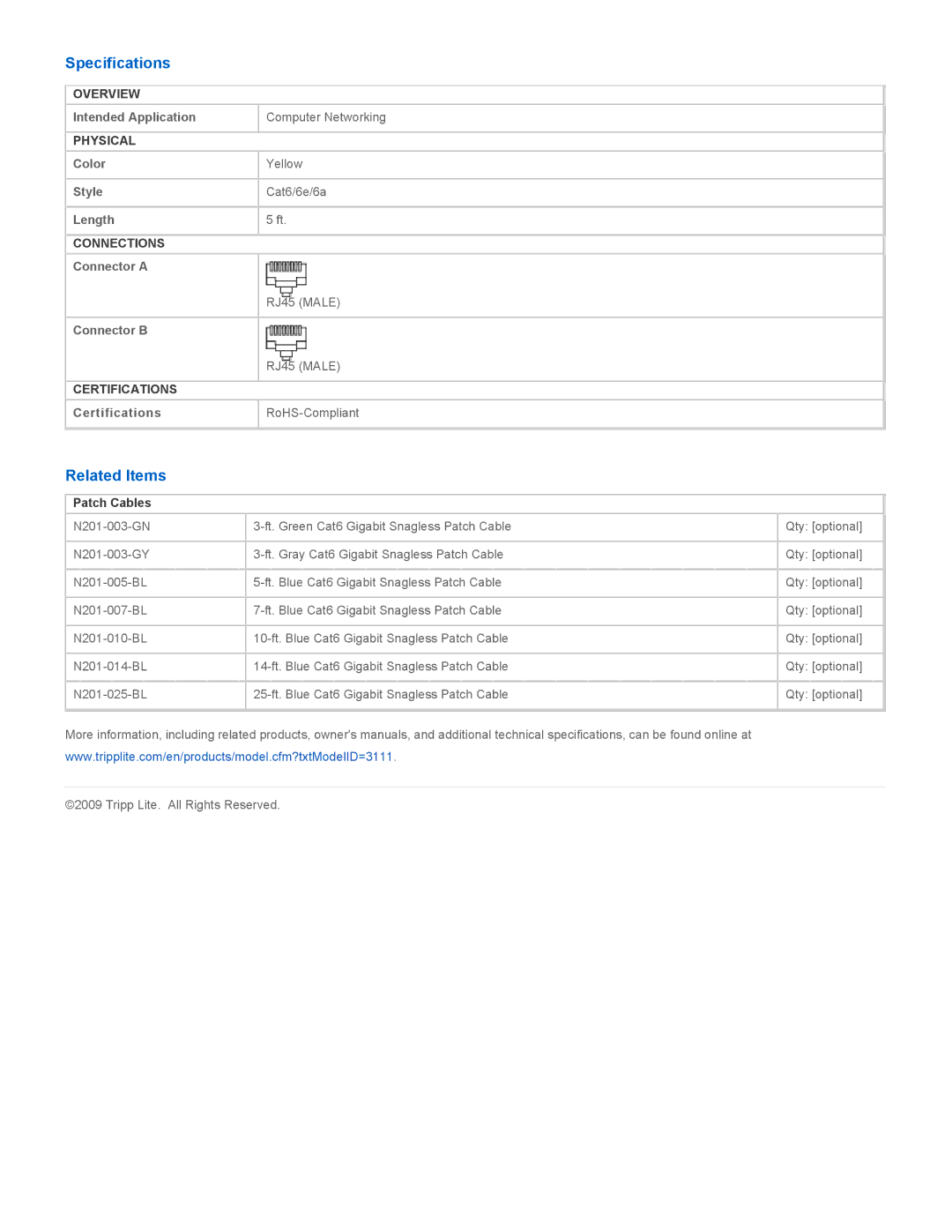 Tripp Lite N201-005-YW specifications Specifications, Related Items, Patch Cables 